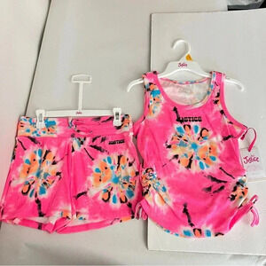 Justice Girls Cinch Side Tank & Short Outfit Set Size Large (12/14) Pink Tie-Dye